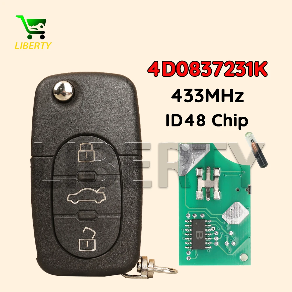 

Liberty 3 Buttons Folding Car Remote Key 433MHz For Audi A2 A3 A4 A6 A8 TT Old Models ID48 Chip 4D0 837 231 K Fob HU66 Blade