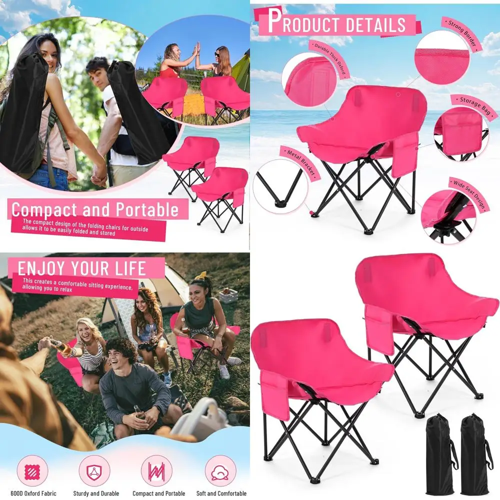 

Portable Folding Camping Chairs with Carry Bag, Lightweight for Outdoors, Picnic, Hiking, Beach, 600D Pink, Supports 330lbs