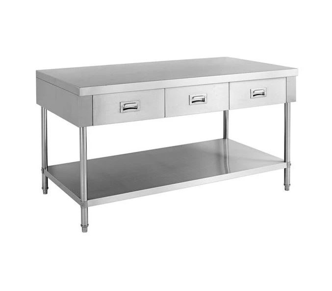 

Commercial kitchen equipment workbench with sliding drawers under shelves Stainless steel custom products