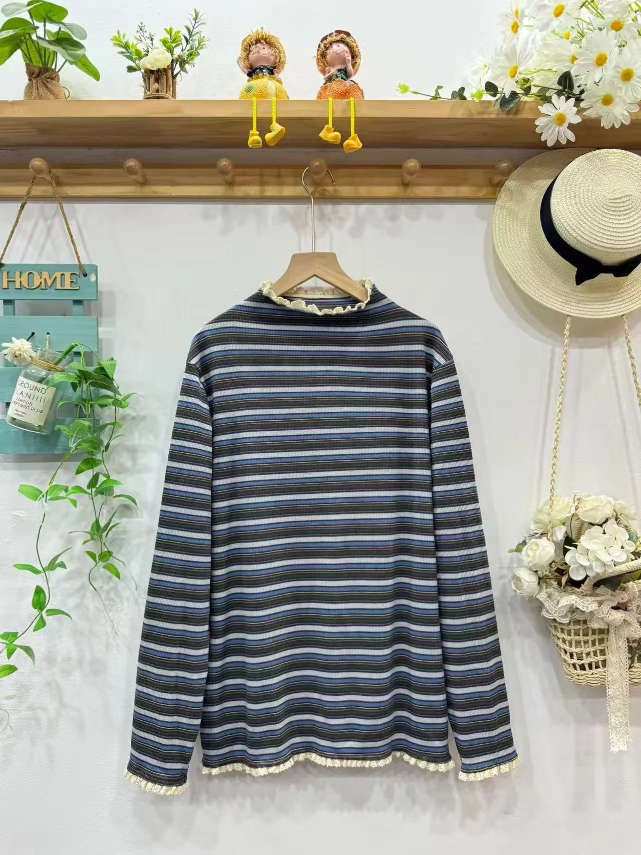 Sweet Lace Trim Splice f High Ne  Stripes Loose Fit Overhead Long Sve T-irt Top for Women Casual Sweet Sle