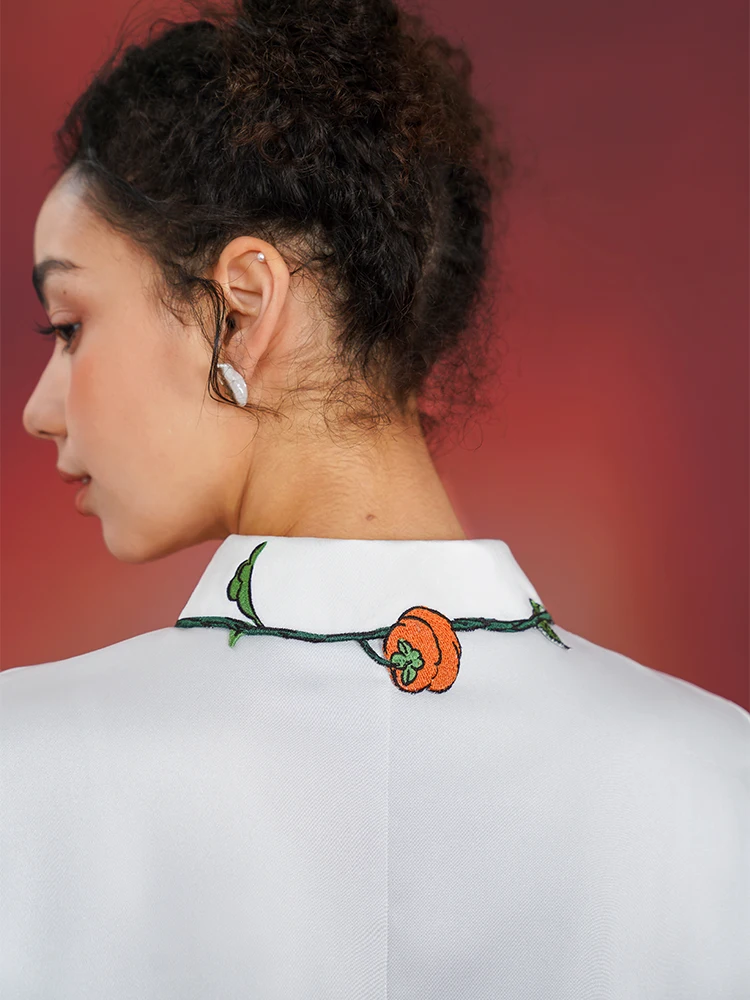 Spring and Autumn Women Chinese style Persimmon Embroidered Shirt