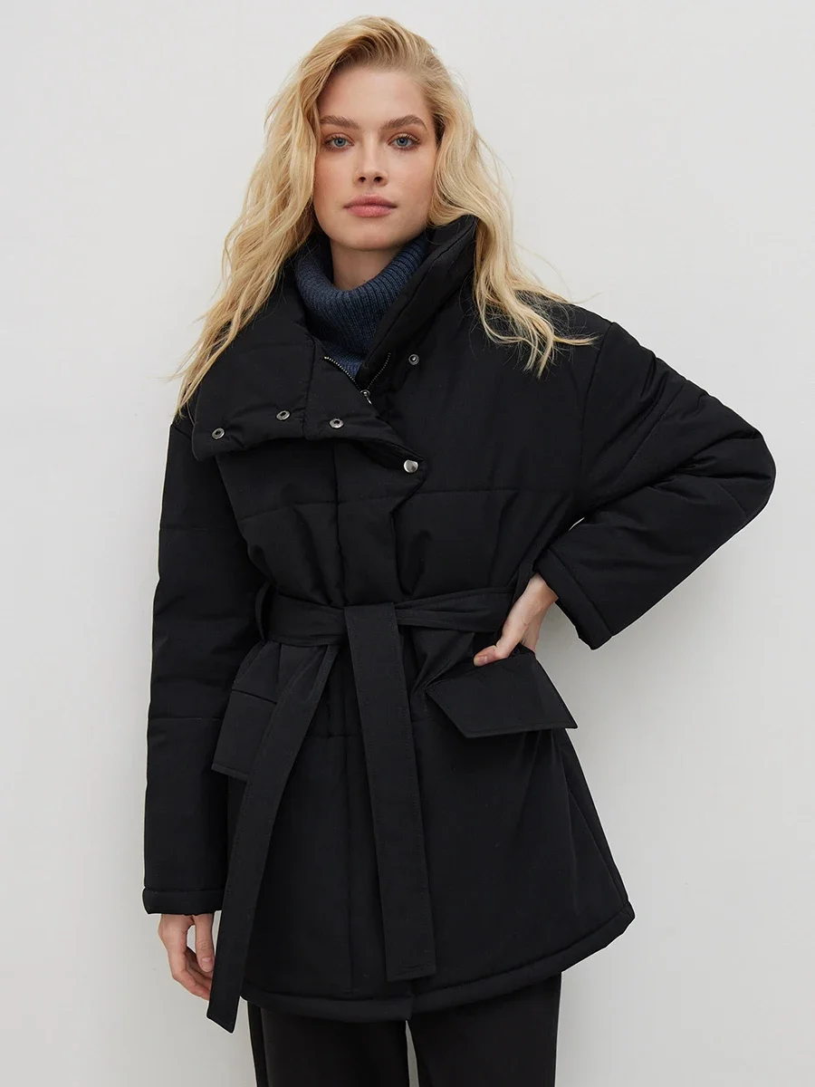 New Fashion Women Quilted Jacket Women Winter Loose Parkas Coat Vintage Belted Outwear Office Ladies Warm Cotton Puffer Jackets