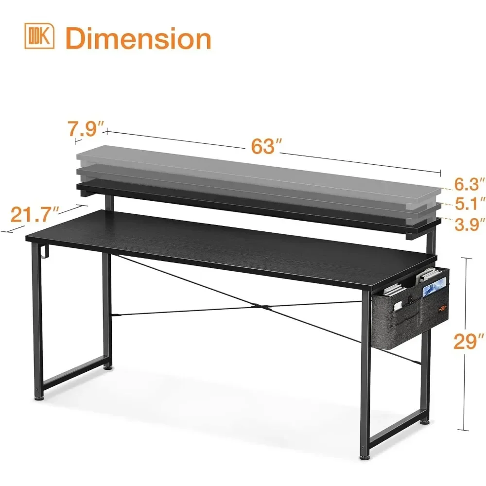 Mesa do computador com suporte ajustável Monitor, Home Desk, Escrita Desk, 3 níveis, Estudo Workstation, 63 polegadas