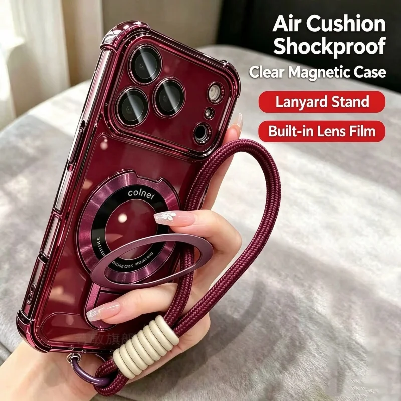 For MagSafe Electroplated Clear Airbag Cases For iPhone 18 17 16 15 14 13 12 Pro Max Magnetic Ring Bracket Lanyard Bumper Covers