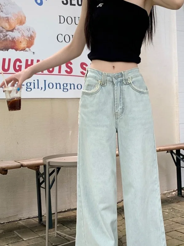 بنطلون جينز نسائي واسع الساق بخصر عالٍ، تصميم صيفي جديد 2025، يمنح إحساسًا بالرشاقة، فضفاض بطول الأرض، على الطراز الكوري