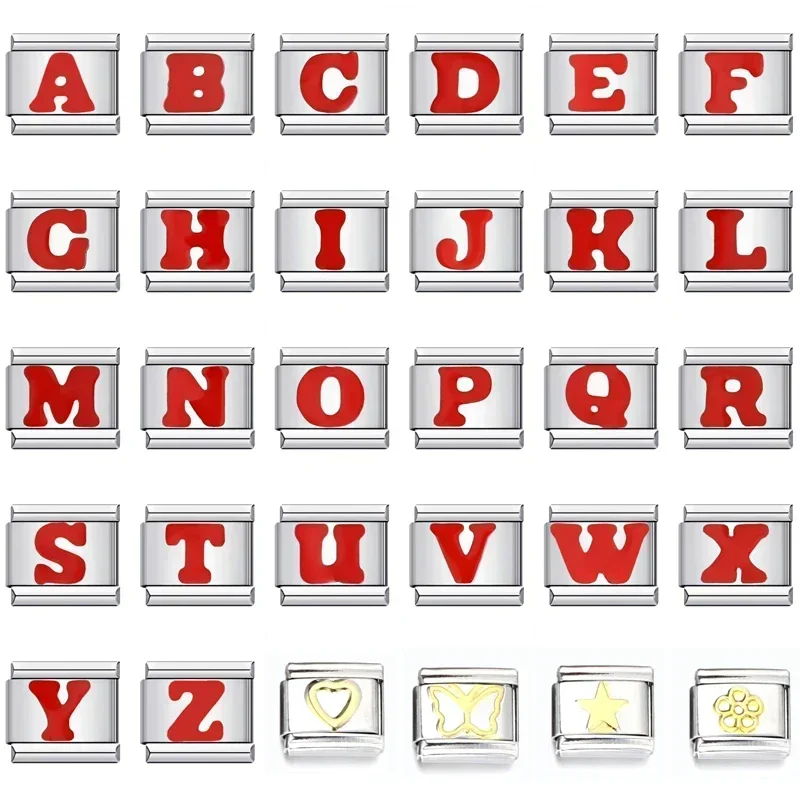 2024 Neue Fabrik Großhandel Edelstahl Rot 26 Englisch Buchstaben DIY Italienisches Modul 9mm Armband Mädchen Lieblingsstil Geschenk