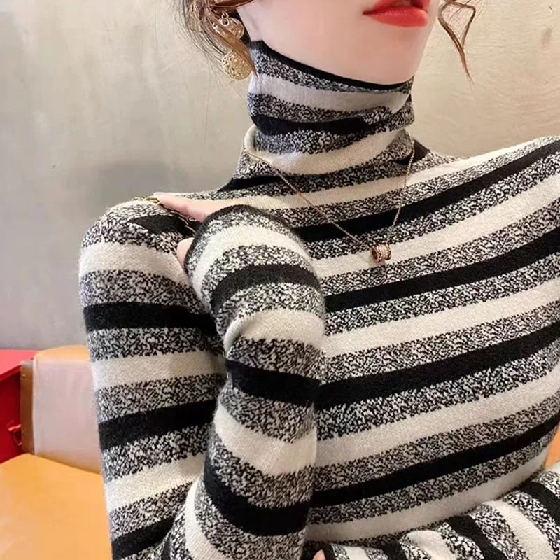 Women Striped Turtleneck Fashion Sweaters Female Top 2024 Spring New Simple Soft Comfortable Vintage Knitwear Slim Pullovers