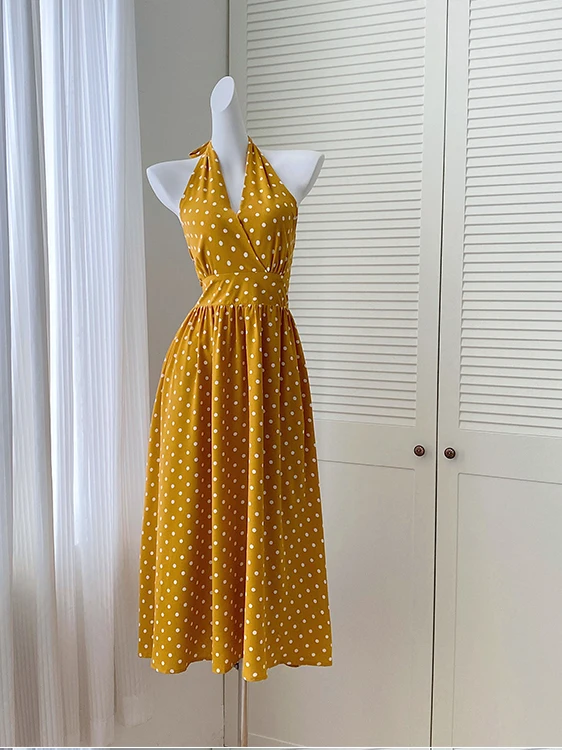 Hong Kong Style Polka Dot off Shoulder Sleeveless Women's Dress Slimming High Waist A-Line Gown  Knot Strap Gown