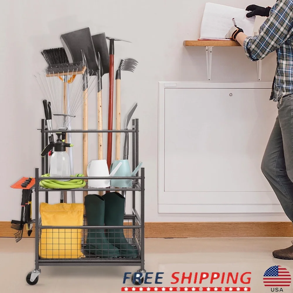 

Garden Tool Storage Rack on Wheels with 16 Slots Hooks Versatile Organizer Garage Shed Efficient Space Saver