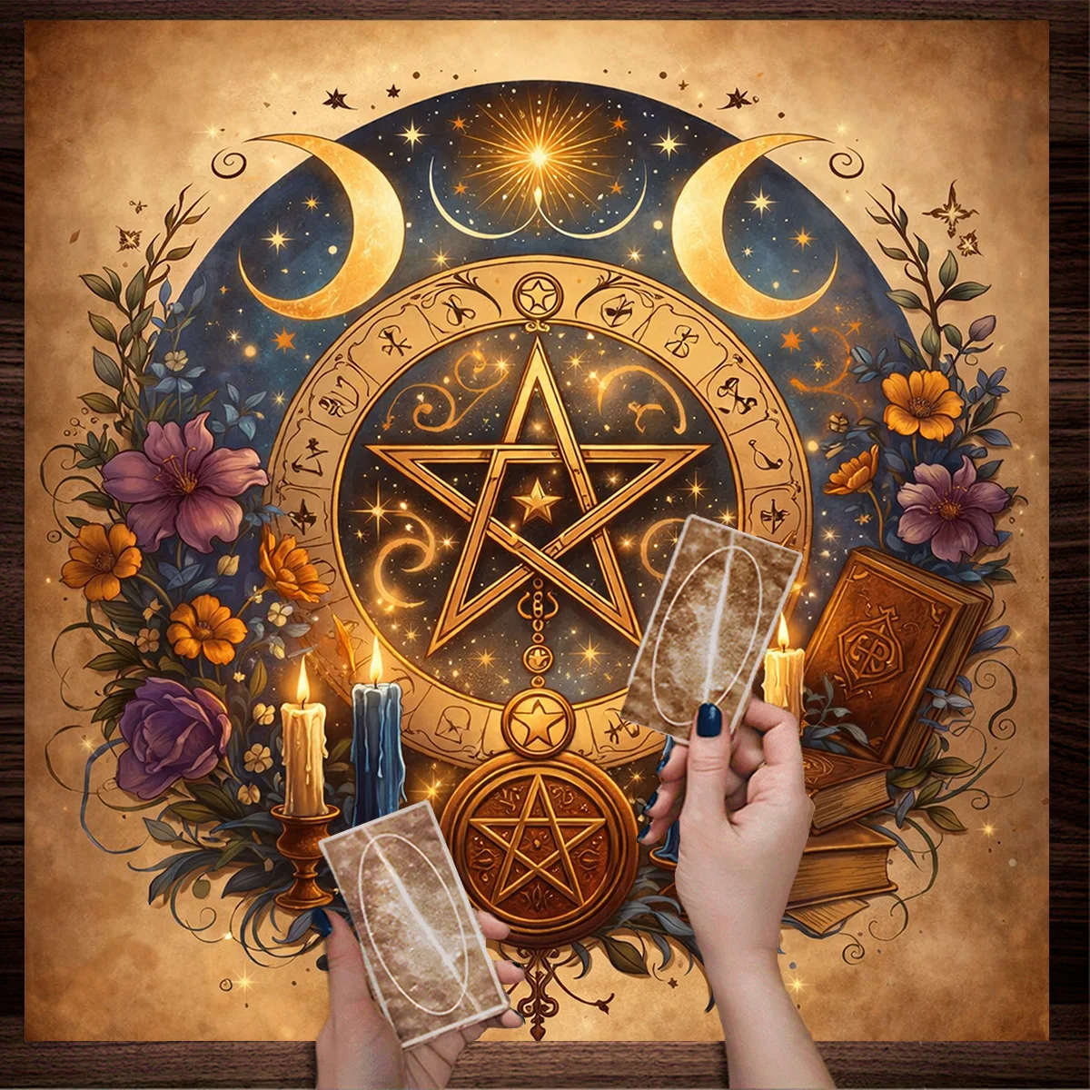 Tarot Clothes for Table Tarot Cloth Astrology Sun 1Pc Celestial Pentagram Altar Cloth - Moon, pentagram with floral design