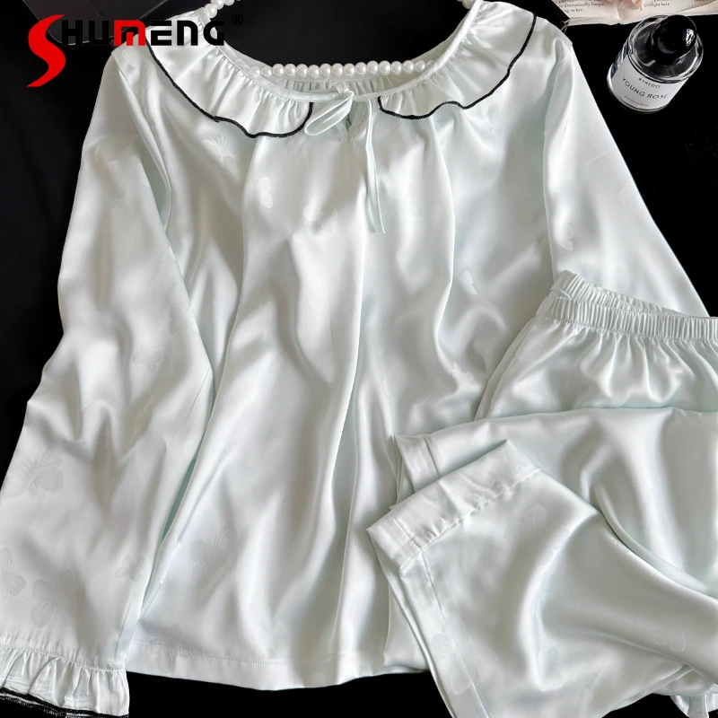 

INS Luxury Women's Homewear Spring Autumn Ice Silk Long Sleeve Loungewear Female New High End Jacquard Long Pants Pajama Set