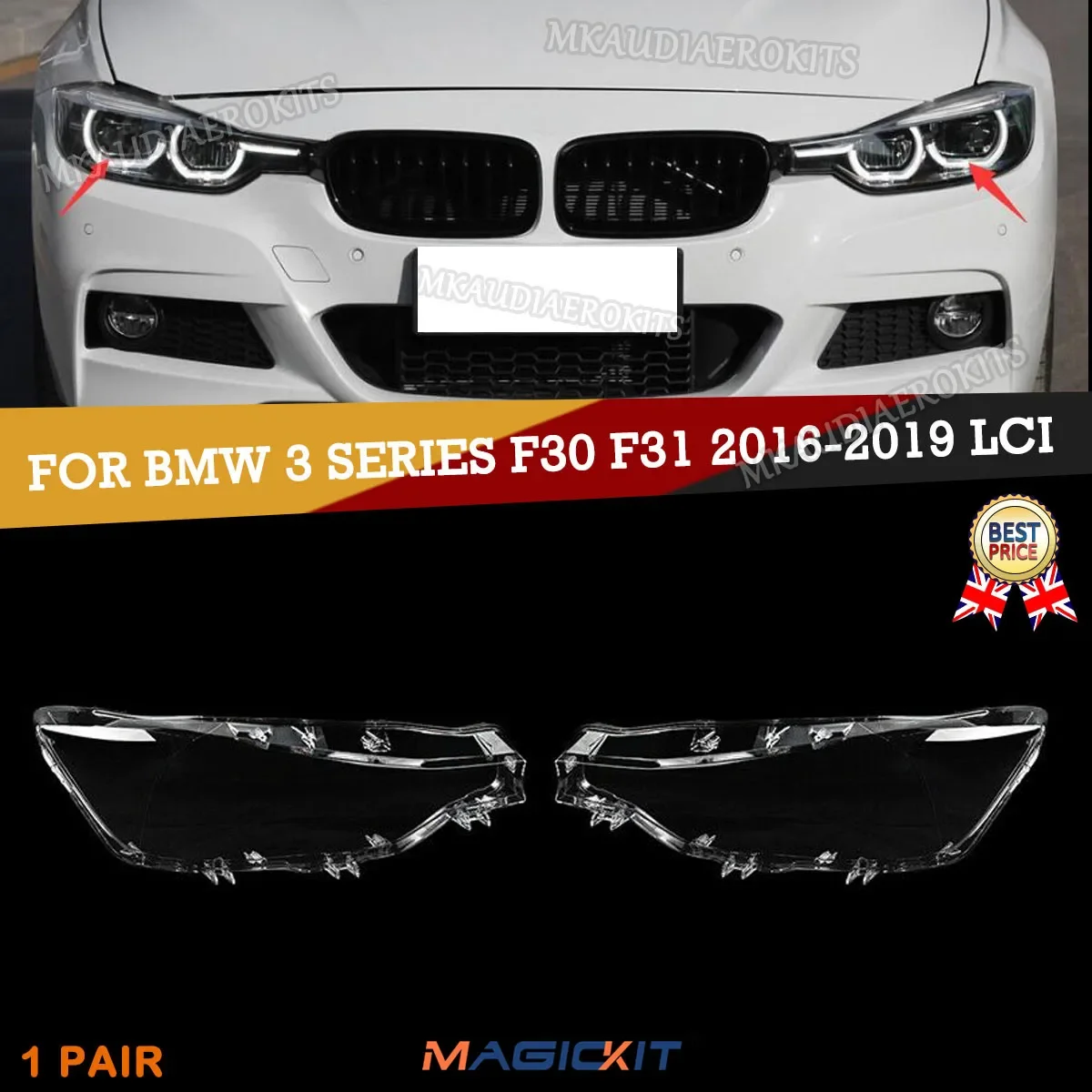 MagicKit Pair Polycarbonate LED Headlight Lens Cover For BMW F30 F31 3 Series 2016-2018