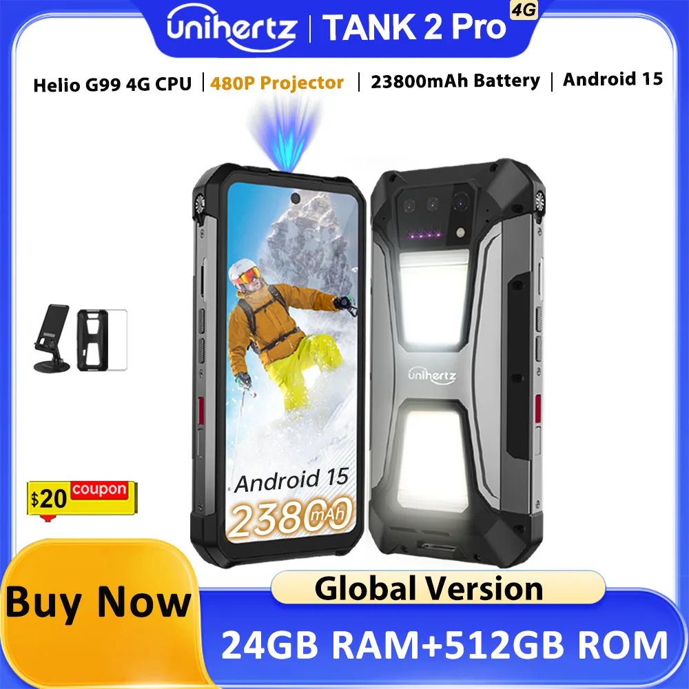 Unihertz Tank 2 Pro 8849, smartphone robusto con proiettore, fotocamera da 100 MP, 24 GB di RAM, 512 GB di memoria interna, Android 14, 100 MP, NFC, processore Helio G99, batteria da 23800 mAh, 4G.