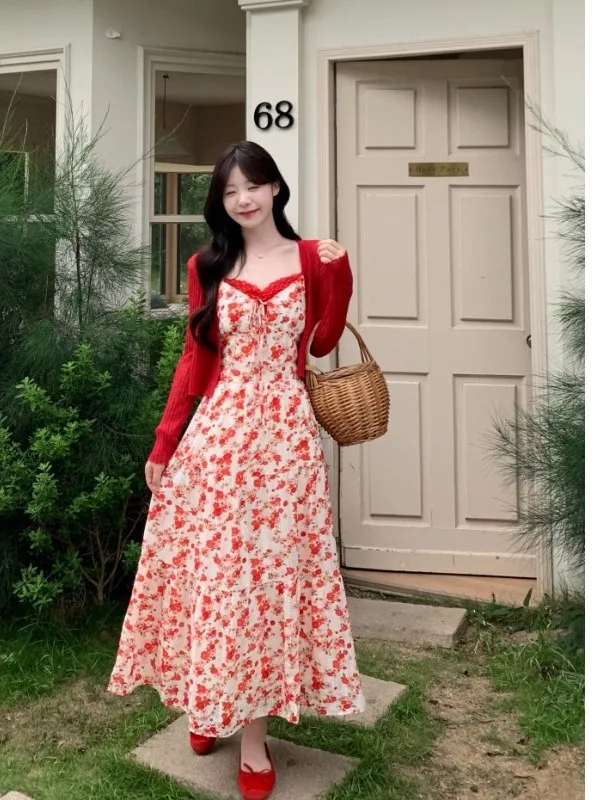 Sweet plus Size Floral Print Halter Dress Women's Summer Thin Red Cardigan Top City Commute High Waist Long Sleeve Midi Dress