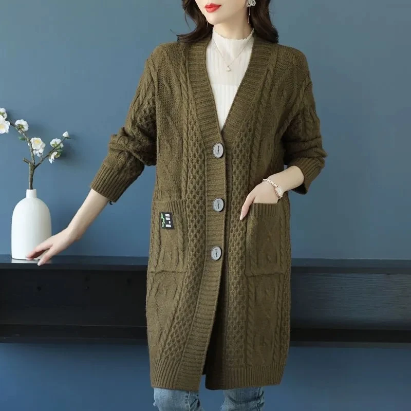 

2026 New Autumn Winter Chic Casual Wool Cardigan Jacket Women Overcoat Fashion Loose Mid-length Thicke Coarse Wool Sweater Coat