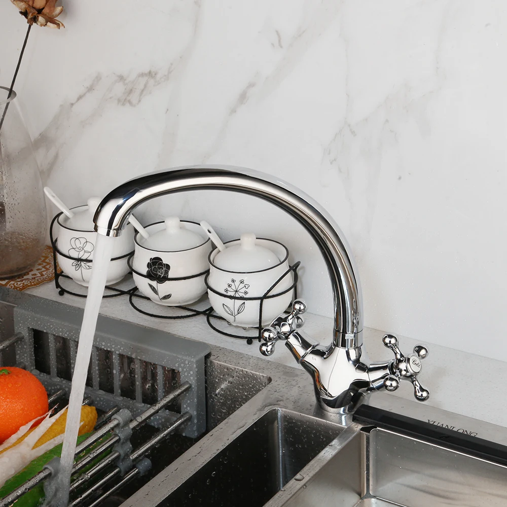 KEMAIDI Chrome Finished Kitchen Sink Faucet Double Handle Hot and Cold Water Mixer Tap Deck Mounted Torneira Cozinha