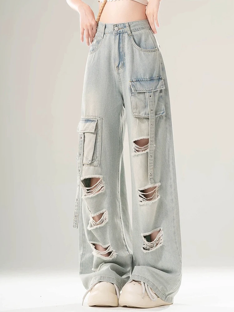 

American Chicly Hollow Out Casual Vintage Women Jeans Summer Fashion Washed Multiple Pockets Street Simple Female Wide Leg Pants