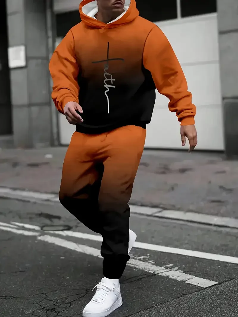 

Осенний градиентный 3D-комплект: худи и спортивные брюки для мужчин, повседневный модный костюм-двойка, мужская одежда