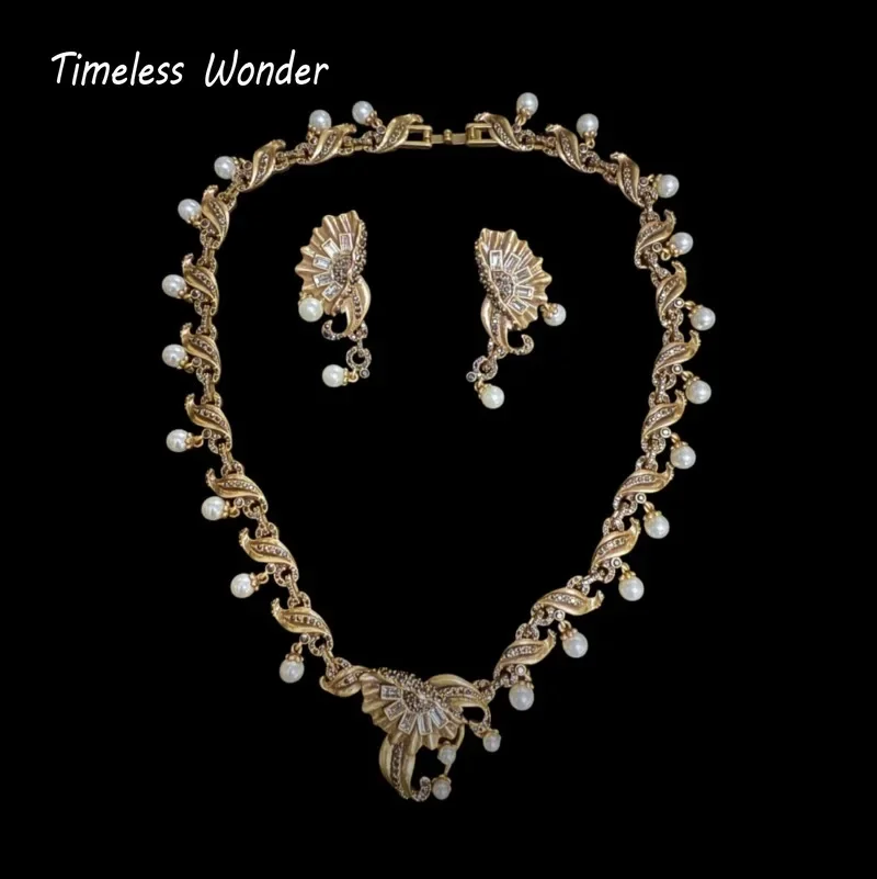 

Timeless Wonder Fancy Zircon Geo Floral Necklace N Button Earrings Women Designer Fine Jewelry Set Classy Rare Vintage Neat 4612