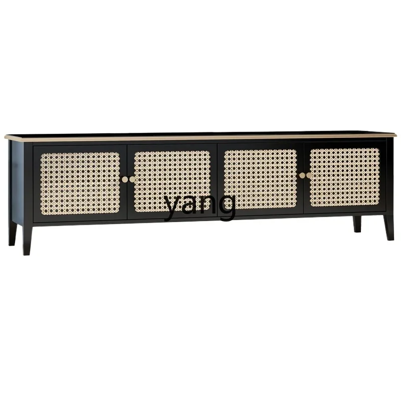 

LMM Rattan TV Cabinet and Tea Table Combination Living Room Floor Cabinet Small Apartment Solid Wood Storage Low Cabinet