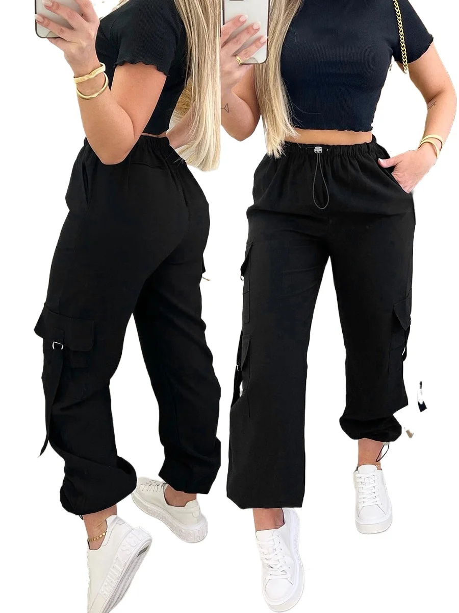 New Solid Streetwear Cargo Pants Women High Waist Drawstring Multi Pockets Loose Baggy Casual Korean Fashion Joggers