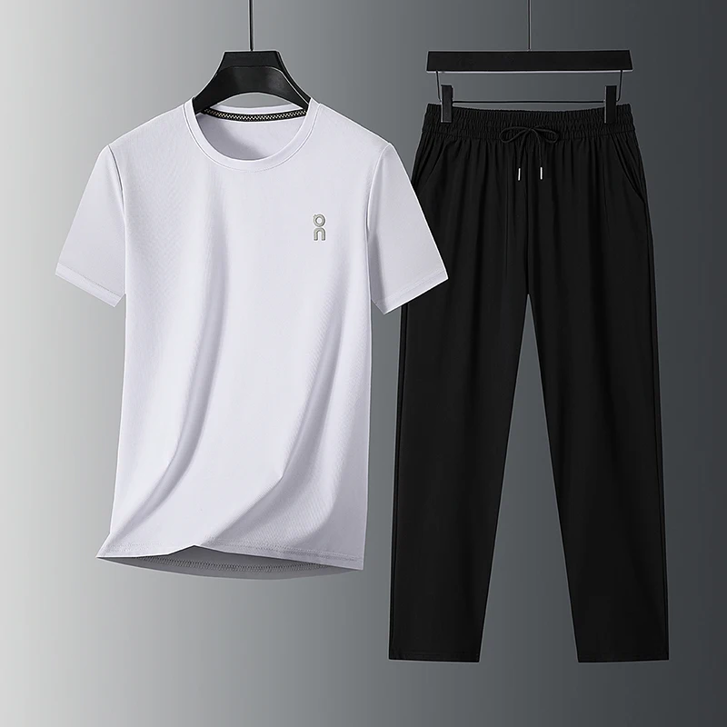 

2026 Summer New Set Short Sleeve Ice Silk T-shirt Men's Round Neck Quick Drying Breathable Leisure Sports Two Piece Set Men