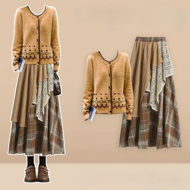 

Новый модный осенний повседневный комплект из двух предметов для женщин, элитный элегантный вязаный кардиган с круглым вырезом и длинными рукавами + свободная юбка трапециевидной формы, наряд