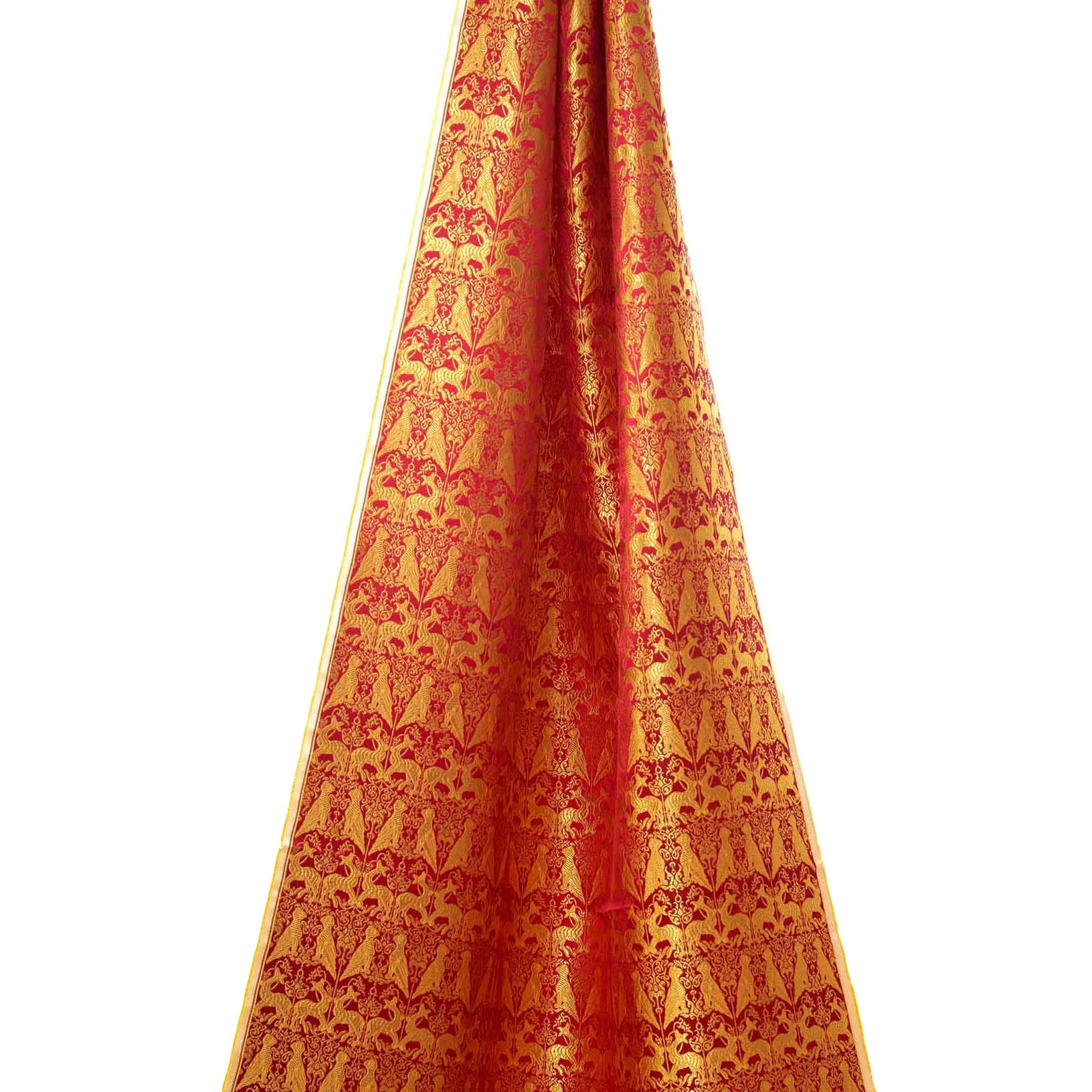 Red ground gold spirit bird deer jacquard woven brocade Chinese style dress fabric