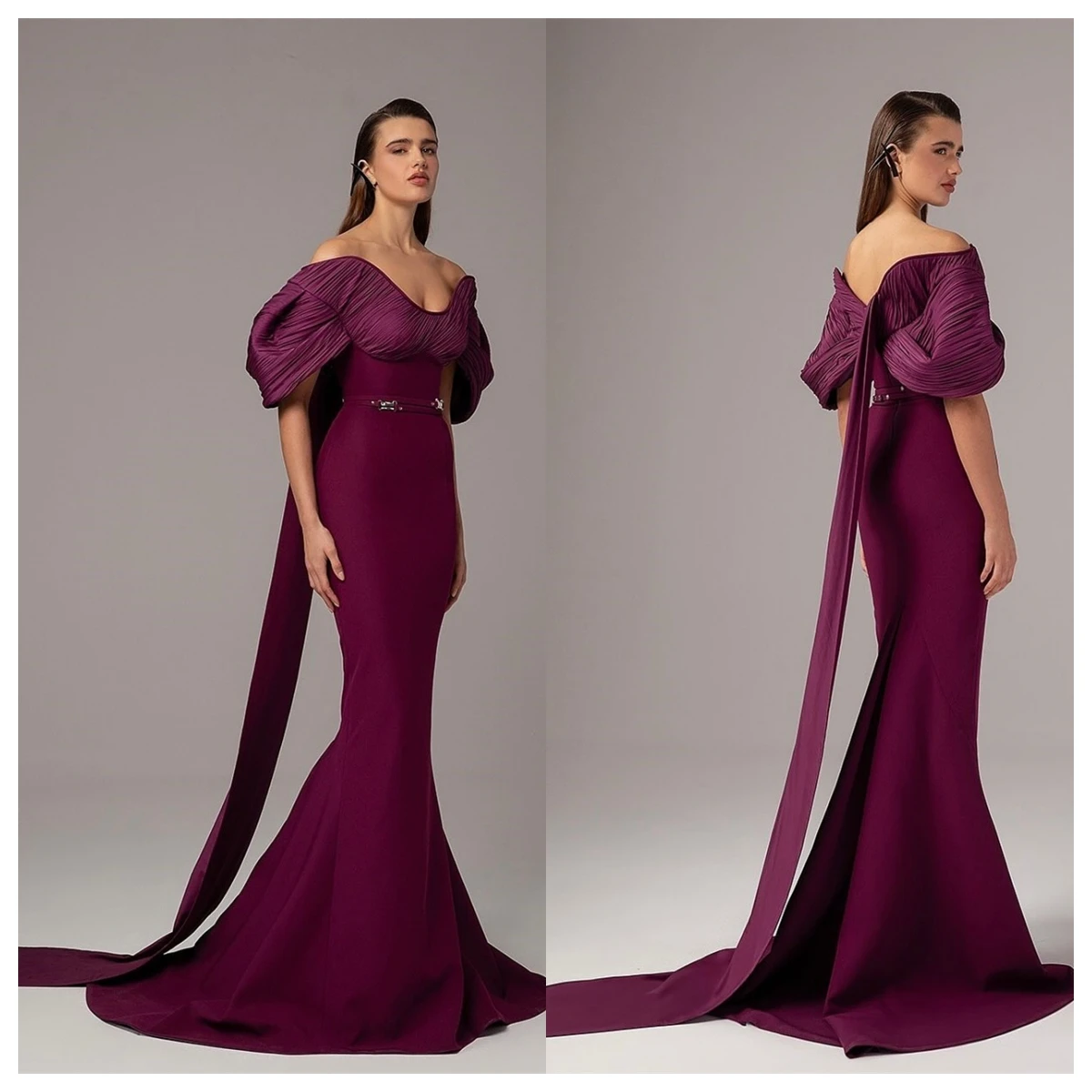 Customized Graceful Fuchsia Jersey Evening Dress Boat Neck Off the Shoulder Short Sleeves Celebrity Gowns Special Occasion Gowns image 4