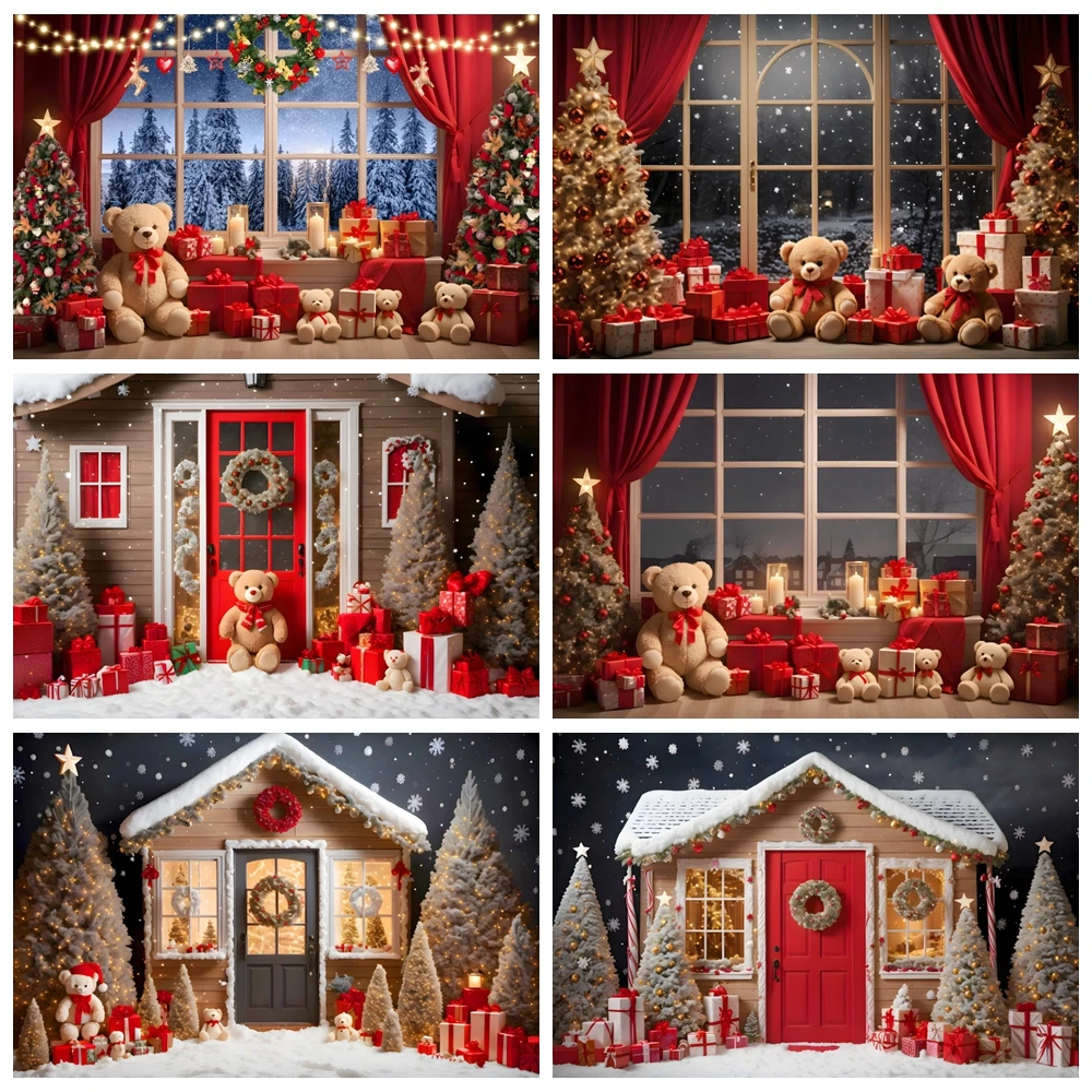 Telón de fondo con diseño de osos y regalos de ventanas de Navidad, cortina roja, cielo estrellado, fotografía familiar para niños, sesión fotográfica para bebés, fondos de pared de Navidad