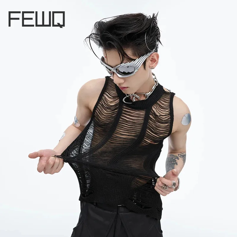 

FEWQ Hollow-out Men's Vest Round Collar Knitted Tank Top Slim Fit Solid Color Bottom Sleeveless Sexy Summer Streetwear 24Y173