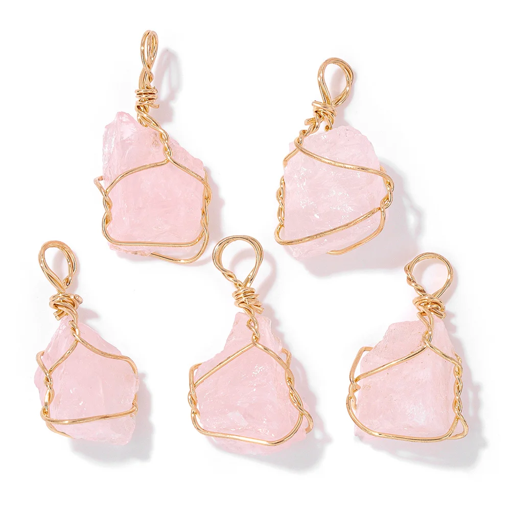 Pendentif en cristal de quartz rose, breloques en forme de prisme hexagonal brut, rectangle, pierre naturelle, cuir chevelu, collier, boucle d'oreille, bracelet, bijoux