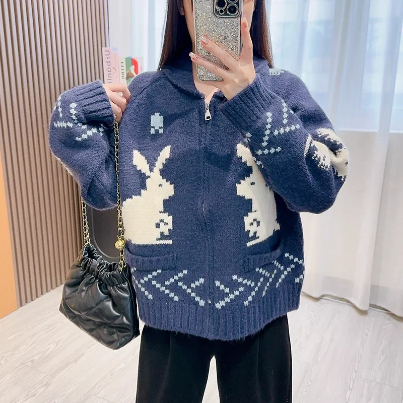 Neploe Advanced Turn-down Collar Long Sleeve Print Cardigan Korea Minority Rabbit Knit Sweaters Jacquard Lazy Loose Warm Jumper