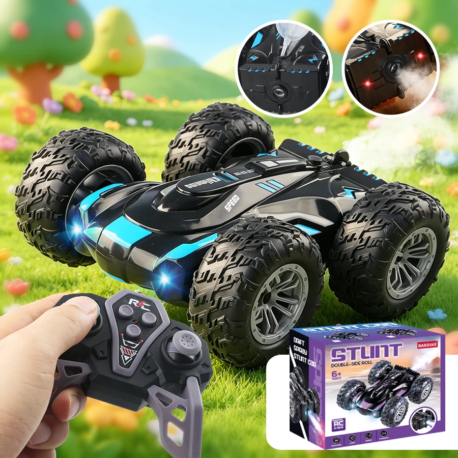 2.4G Remote Control Double-Sided Stunt Car with Lights & Spray, Cool RC Flip Toy Car for Kids