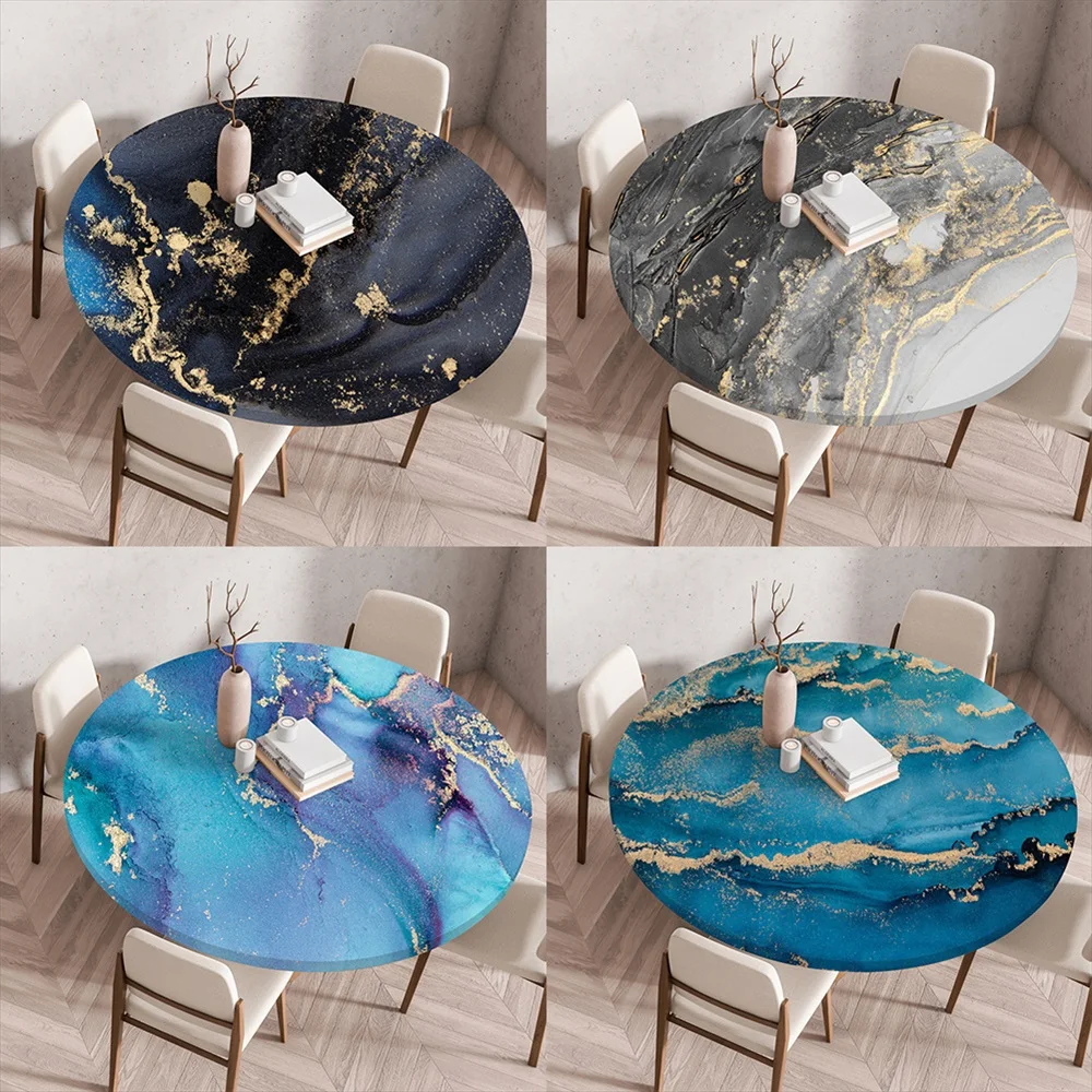 Marble Honeycomb Texture Black Grey Round Waterproof Tablecloth Home Decorative Table Cover Party Wedding Dining Table Cloth