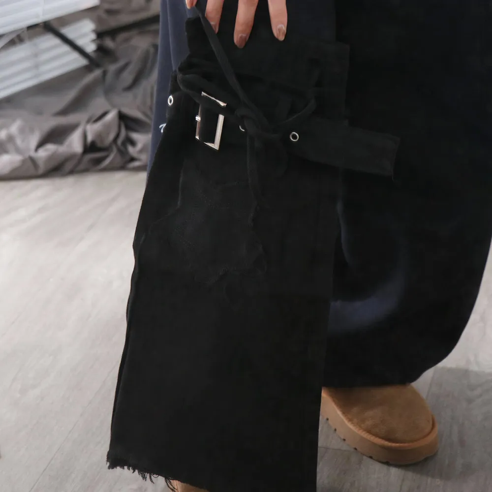 

Japanese JK Lolita Y2K Denim Leg Warmers Denim Cloth Drawstring Cross Trumpet Leg Covers Pile Up Socks Footcover Long Stockings