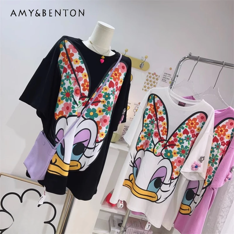 

2024 Summer New Sweet Cute Anti-Aging Fun Cartoon Tees Large Printed Round Neck Short Sleeved T-shirt Female Aesthetic Clothes