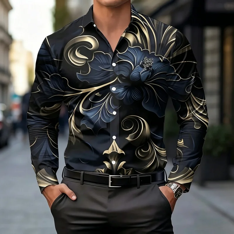 2026 new men's shirt fashion printed shirt light luxury retro pattern slim fit long sleeved men's business casual fashion top view 3