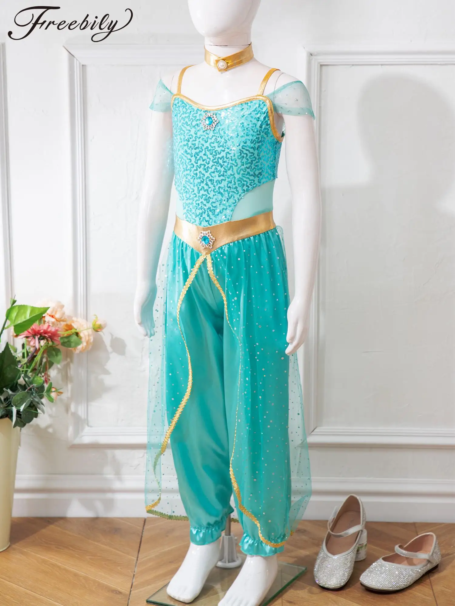 

Детский карнавальный костюм принцессы Жасмин для девочек на Хэллоуин, комбинезон без рукавов с блестящими пайетками и колье, боди для танца живота