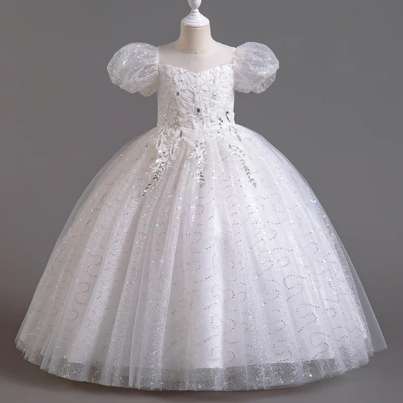 Youth Girls Summer New Sequin Sticker Bubble Sleeve Long Mesh Fluffy Skirt  Piano Competition School Graduation Ceremony Dress - AliExpress 1501