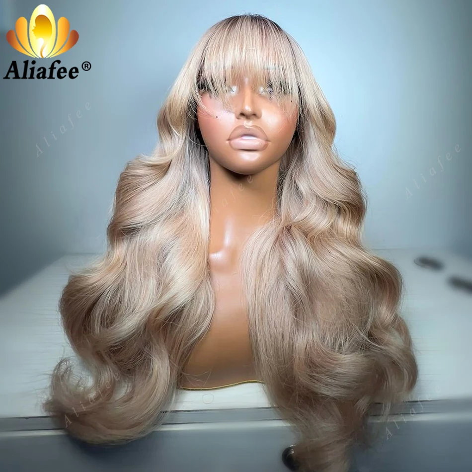 13X6 Bangs Human Hair Wigs Ombre Blonde Bangs Wig Transparent Body Wave Blonde Lace Front Wig Human Hair With Bangs for Women