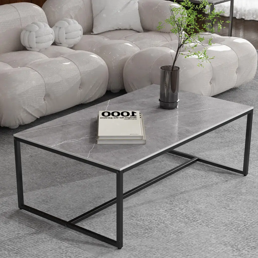 LUVODI 100cm Long Rectangle Coffee Table with Sintered Stone Tabletop,White Black Grey Chic Couch Accent Table for Living Room