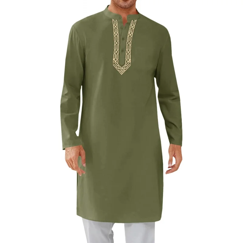 

Mens Kaftan Thobe Button Down Casual Henley Shirts Long Sleeve Robe Cotton Linen Muslim Gown Shirt