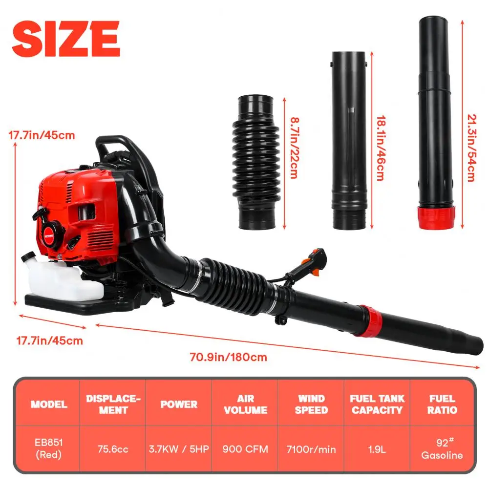 4 Stroke Gasoline Leaf Blower 75.6CC Backpack Cordless Gasoline Engine Leaf Blower for Yard Garden Lawn Care and Street Cleaning