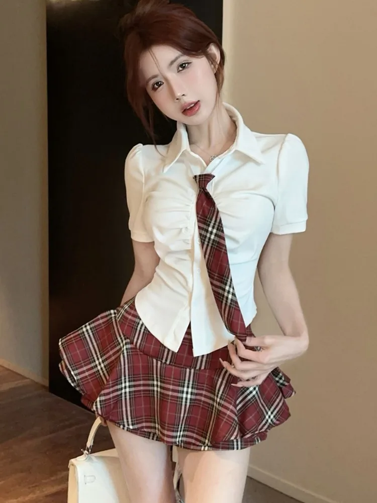 

Summer College Style Sweet Spicy JK Uniform Set Women's American Fashion Design Short Sleeve Shirt Half Skirt Two Piece Set