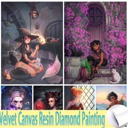 Witch Velvet Canvas Resin Diamond Painting Girl 5D Diamond Embroidery Cross Stitch Complete Kit Handicrafts Home Decor