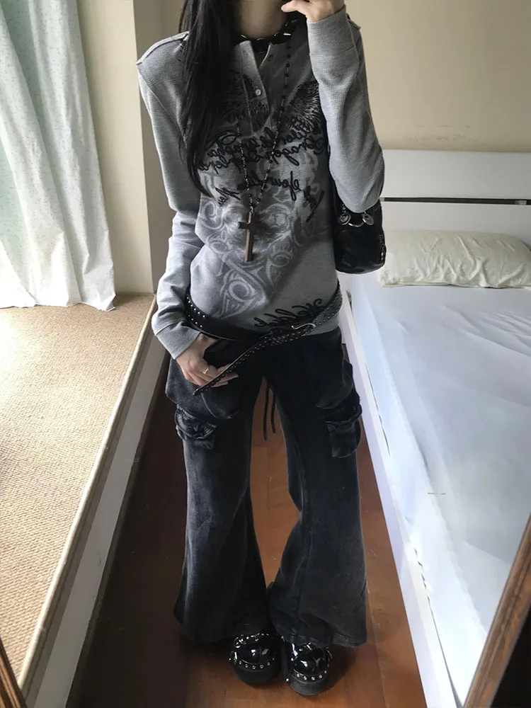 レトロアメリカントーテムプリント Wfle ヘンリーカラー ロングスリーブ Tシャツ レディース 秋 ベースレイヤー イート スパイシーガールトップ