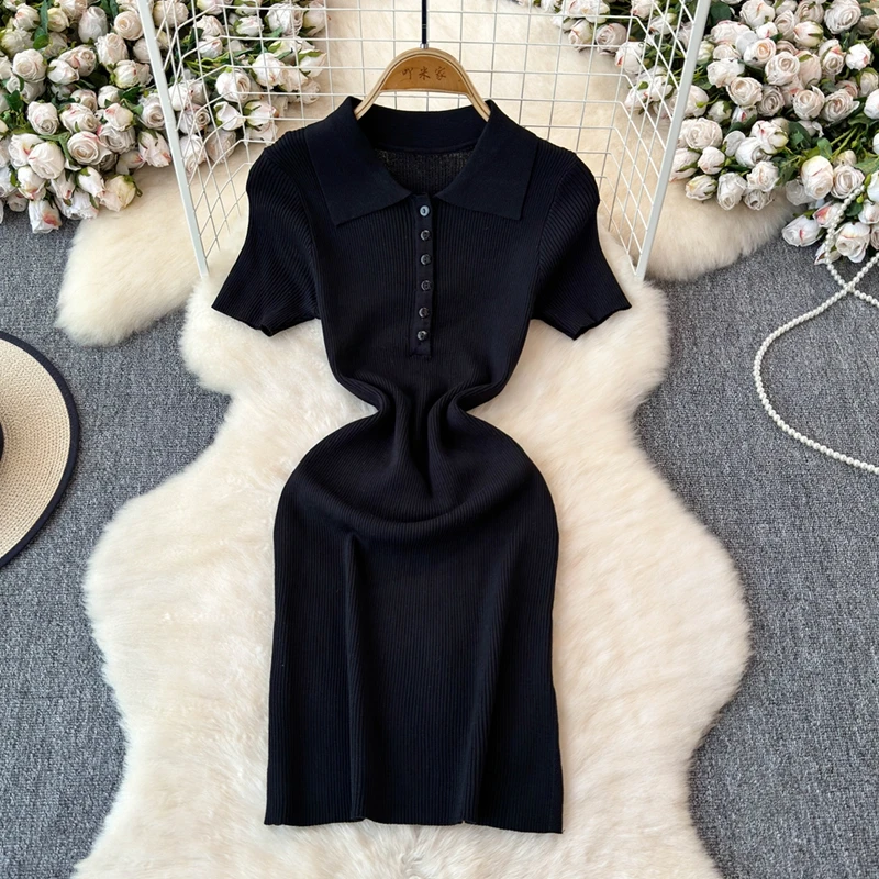 Summer Polo Collar Slim Fit Medium Length Dress Sexy Tight Fitting Hip Hugging Mini Dress Knitted Dress for women