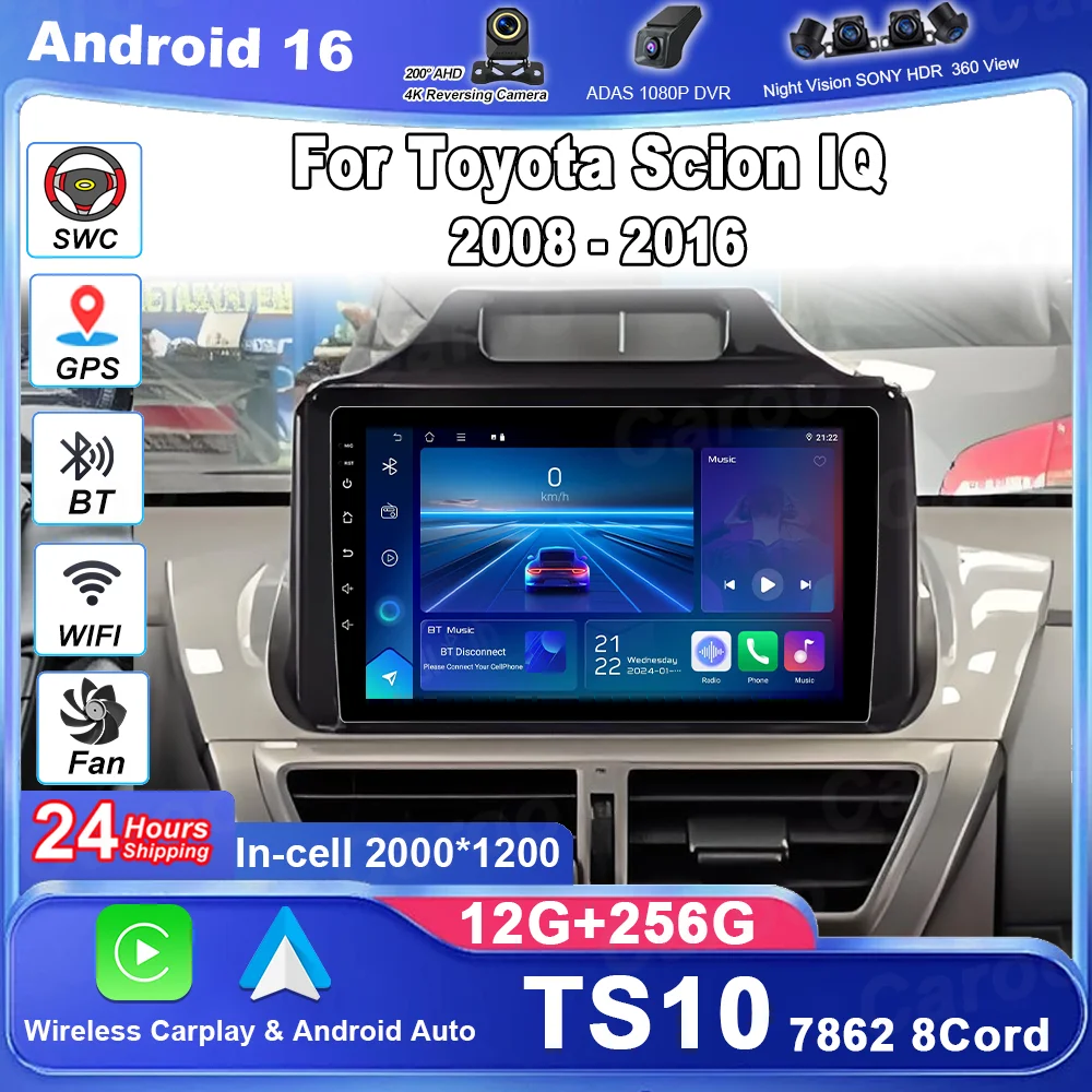 Android 16 Car Radio Stereo Head Unit For Toyota Scion IQ 2008-2016 Multimedia Video Player GPS Navigation QLED Touch Screen BT