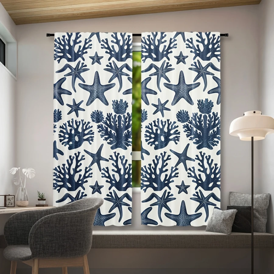 2PCS Digital Printed Curtains, Deep Sea Star Cluster Pattern, Beautiful Window Drapes for Living Room Bedroom Home Decor